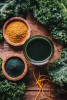 Green ingredients arranged on a wooden surface with natural textures and colors photo