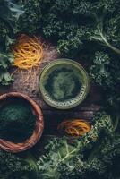 Green ingredients arranged on a wooden surface with natural textures and colors photo