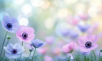 Beautiful anemone flowers bloom with soft colors in a dreamy setting during springtime photo