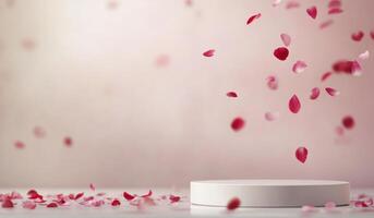 Red rose petals cascade gently from above onto a smooth, circular white platform photo