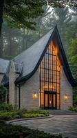 Elegant stone mansion surrounded by fog and autumn trees in a serene location photo