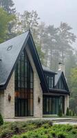 Elegant stone mansion surrounded by fog and autumn trees in a serene location photo