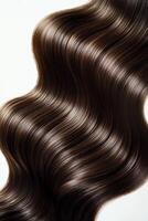 Elegant wavy brunette hair displayed in soft curls and shine under natural light photo