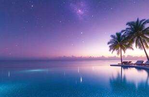 Stunning twilight over poolside oasis with palm trees and starry sky in serene location photo