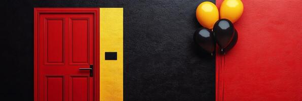 Brightly colored wall with red doors and balloons in yellow, black, and red photo
