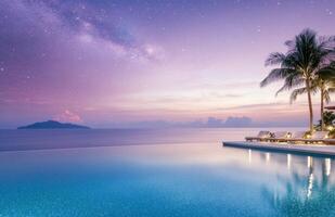 Stunning twilight over poolside oasis with palm trees and starry sky in serene location photo