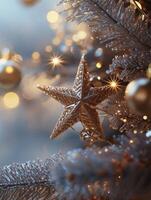 Decorative golden star ornament on a snowy Christmas tree with sparkling lights photo