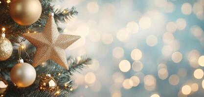 Christmas tree decorated with ornaments and warm lights in a festive atmosphere photo