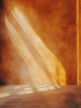 Warm light creating a serene atmosphere in a minimalist interior space during golden hour photo