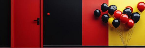 Brightly colored wall with red doors and balloons in yellow, black, and red photo