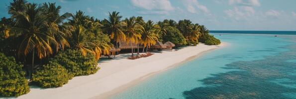 Tropical island resort with sandy beach and crystal clear water during sunny day photo