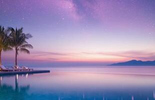 Stunning twilight over poolside oasis with palm trees and starry sky in serene location photo