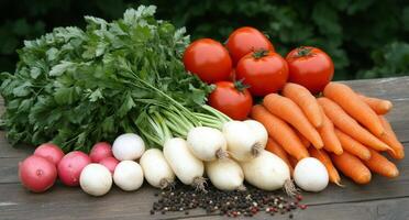 Fresh vegetables laid out on a wooden table in a green garden during daylight photo