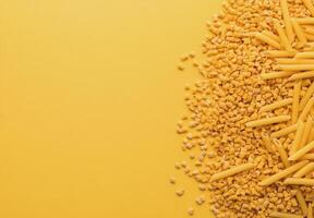 Dried yellow pasta pieces scattered on bright yellow background in a creative layout photo