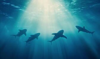 Sharks swimming gracefully in deep blue ocean waters during calm daylight hours photo