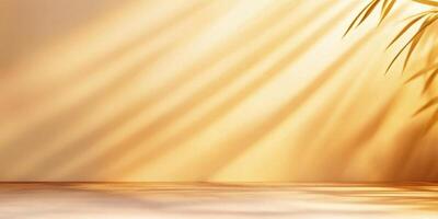 Warm tropical backdrop with palm fronds casting shadows in soft sunlight photo
