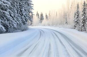 Snowy winding road through quiet forest landscape in winter season photo