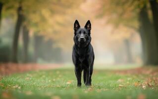 Black dog standing proudly in a sunny park surrounded by greenery photo