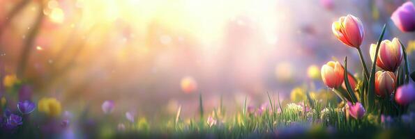 Colorful tulips bloom in a serene garden under soft morning light photo