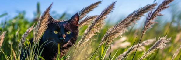Black cat among tall grass under clear blue sky in a serene natural setting photo