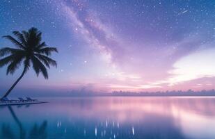 Stunning twilight over poolside oasis with palm trees and starry sky in serene location photo