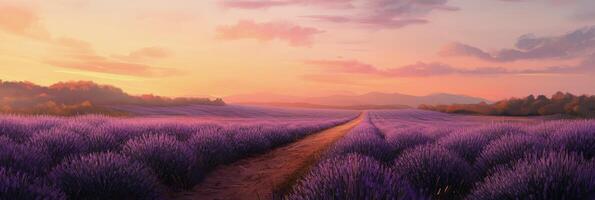 Lavender fields stretch under a colorful sunset in a serene rural landscape photo