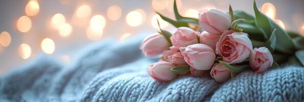 Pink and white roses resting on a cozy knitted blanket with soft blurred background lights photo