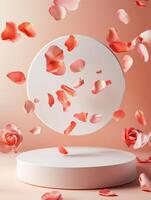 Reflection of beauty with floating pink petals against a soft backdrop photo