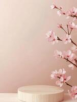 Soft pink cherry blossoms frame a circular display platform against a pastel background photo