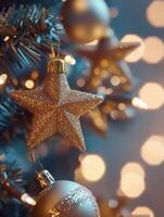 Decorative golden star ornament on a snowy Christmas tree with sparkling lights photo