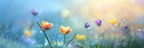 Colorful tulips bloom in a serene garden under soft morning light photo