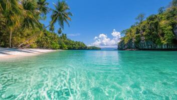 Crystal clear turquoise water on a tropical beach with lush greenery and bright sun photo