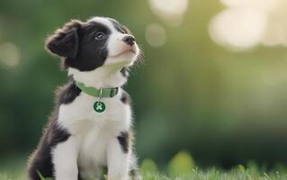 Cute puppy sitting on green grass in a sunny park during afternoon hours photo
