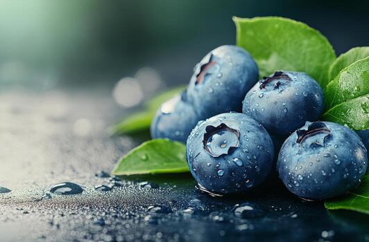 Fresh blueberries with droplets and green leaves on a dark surface photo