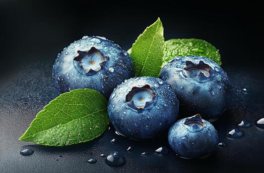 Fresh blueberries with droplets and green leaves on a dark surface photo