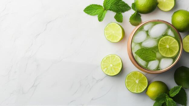 Refreshing mint mojito with lime on a marble table photo