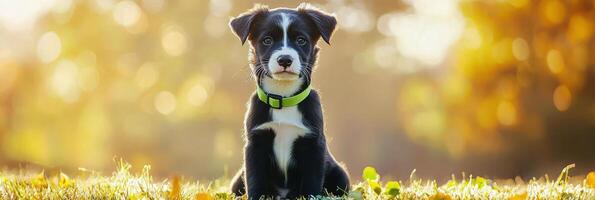 Playful puppy enjoying autumn afternoon in a sunny park setting photo