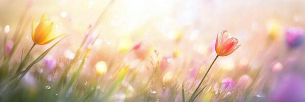 Colorful tulips bloom in a serene garden under soft morning light photo