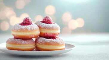 Delicious assorted donuts with colorful toppings arranged on a white background photo