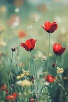 Colorful tulips blooming in a field during springtime with soft lighting and gentle background photo