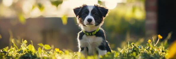 Playful puppy enjoying autumn afternoon in a sunny park setting photo