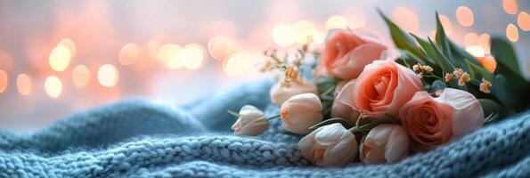 Pink and white roses resting on a cozy knitted blanket with soft blurred background lights photo