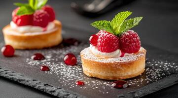 Delicious raspberry tarts on a black serving platter in a modern kitchen setting photo