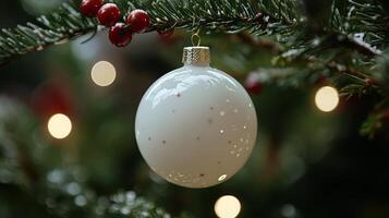 Elegant glass ornament hangs on Christmas tree branch with soft lighting photo