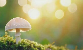 Mushroom growing in soft sunlight with gentle bokeh effect in a lush grassy area photo