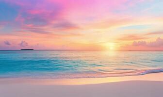 Serenity of twilight over a tranquil beach with pastel skies and gentle waves photo