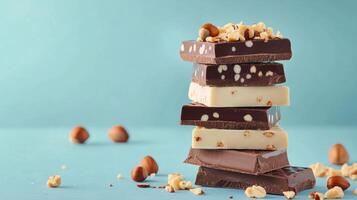 Stacked chocolate bars with nuts arranged on a teal background during a bright afternoon photo