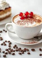 Delicious dessert with creamy coffee topped with cherries and cocoa at a cafe setting photo