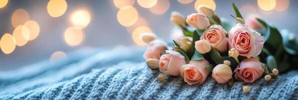Pink and white roses resting on a cozy knitted blanket with soft blurred background lights photo