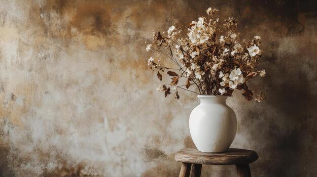 Elegant dried flowers in a simple vase against a textured backdrop photo